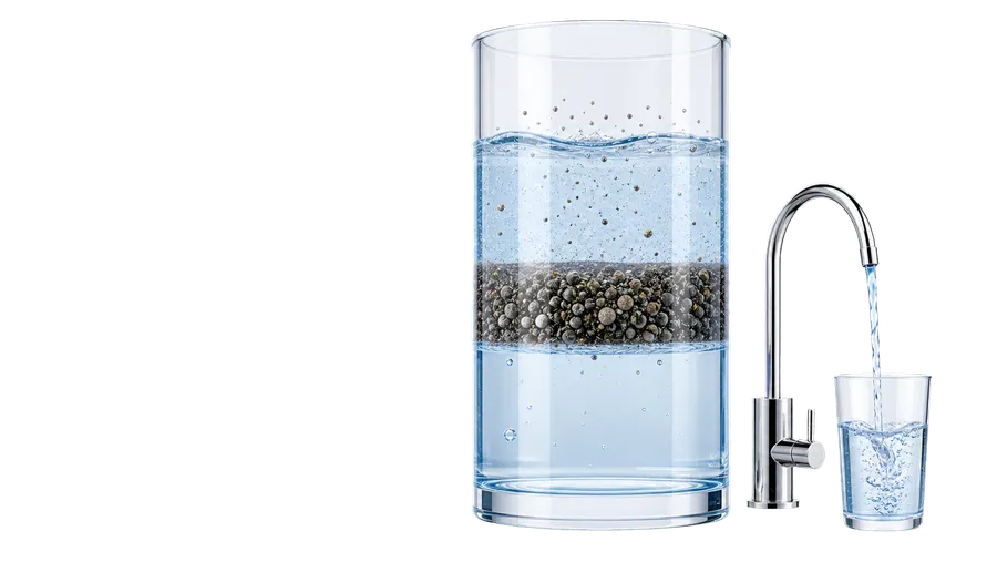 Szklany cylinder z warstwami wody, cząstkami i chromowaną wylewką